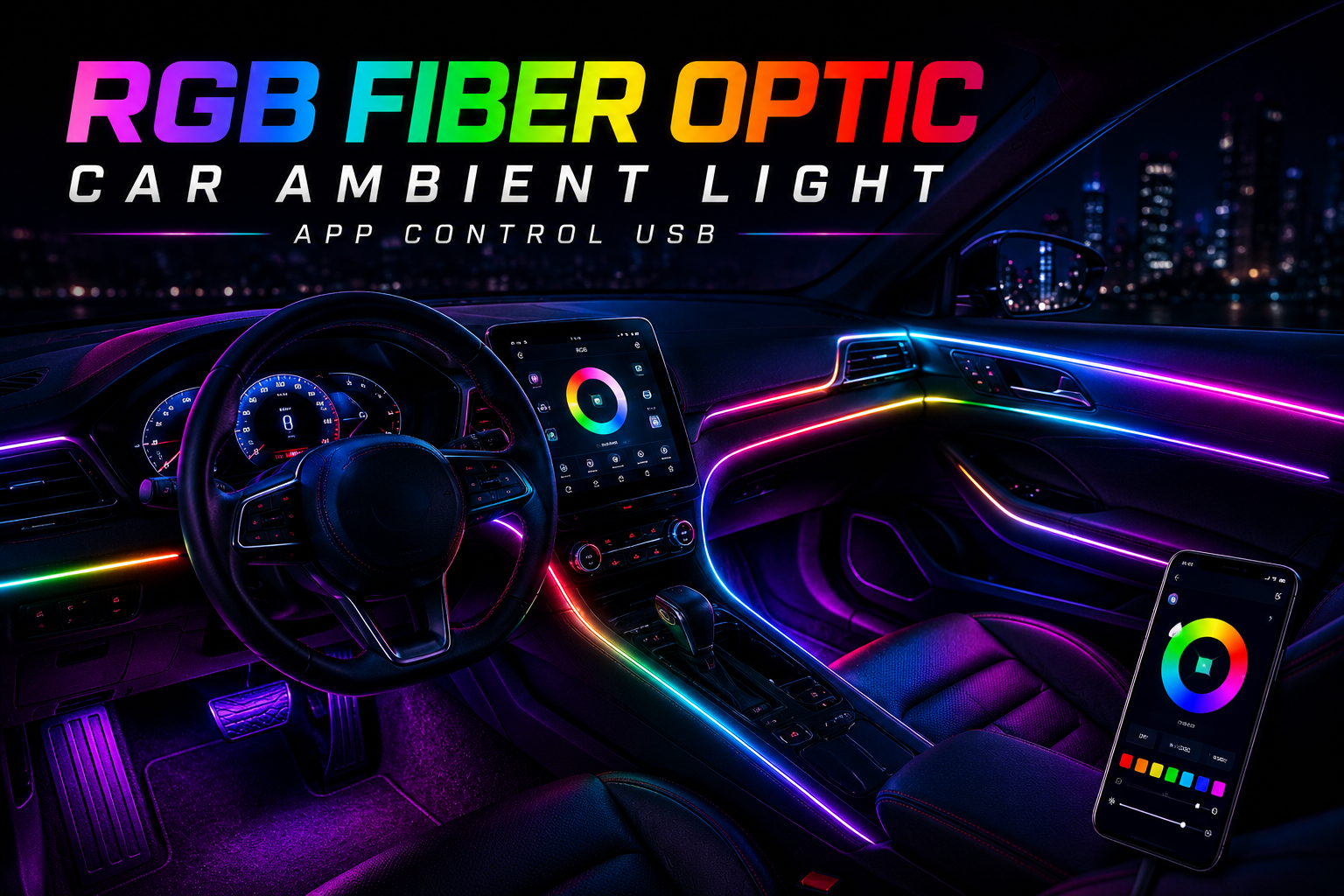 RGB Fiber Optic Car Ambient Light | App Control USB Car Interior Lighting